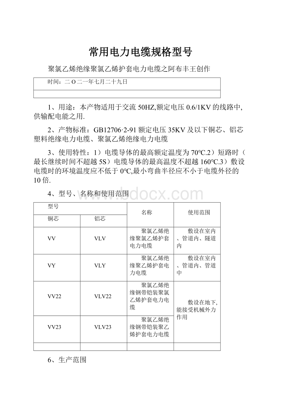 常用电力电缆规格型号.docx