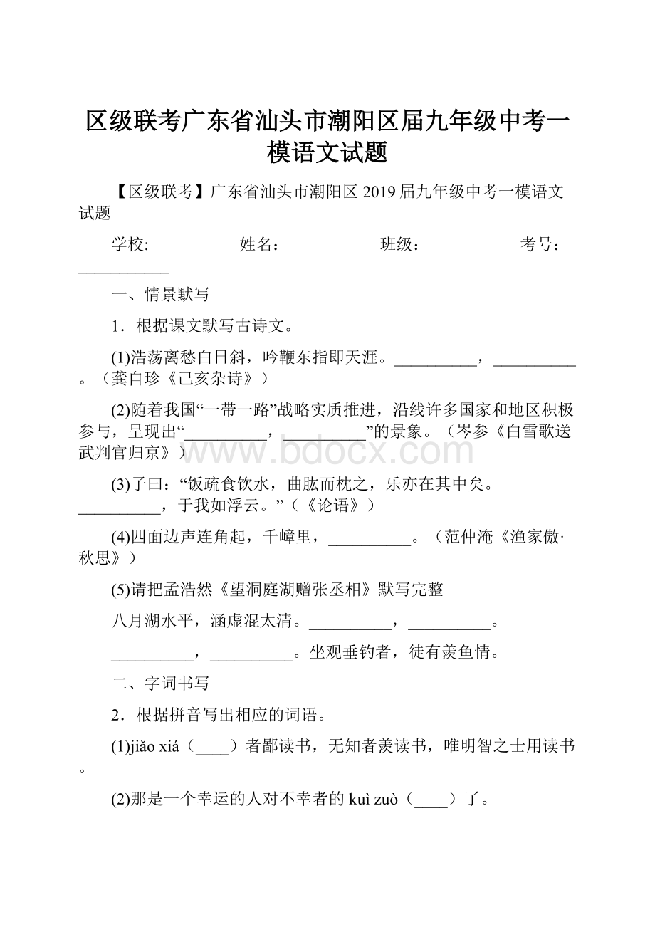 区级联考广东省汕头市潮阳区届九年级中考一模语文试题.docx