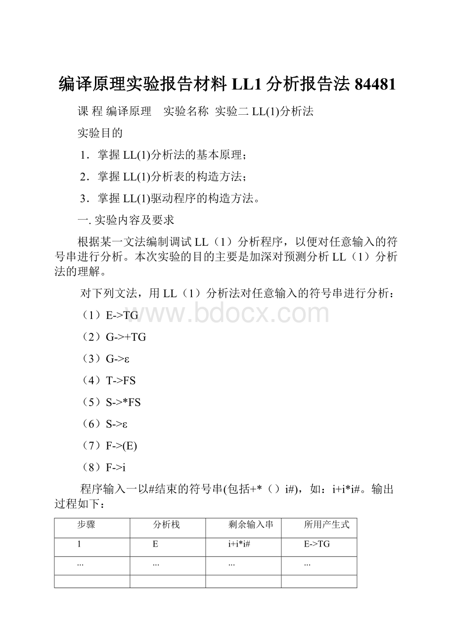 编译原理实验报告材料LL1分析报告法84481.docx_第1页