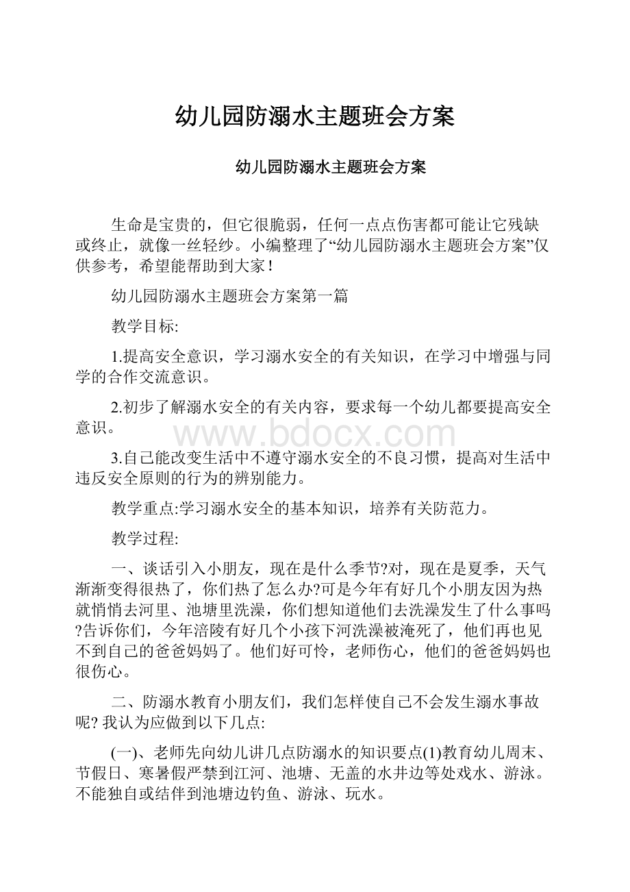 幼儿园防溺水主题班会方案.docx_第1页