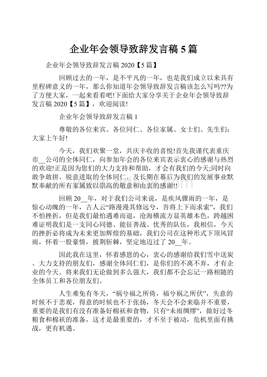 企业年会领导致辞发言稿5篇.docx_第1页