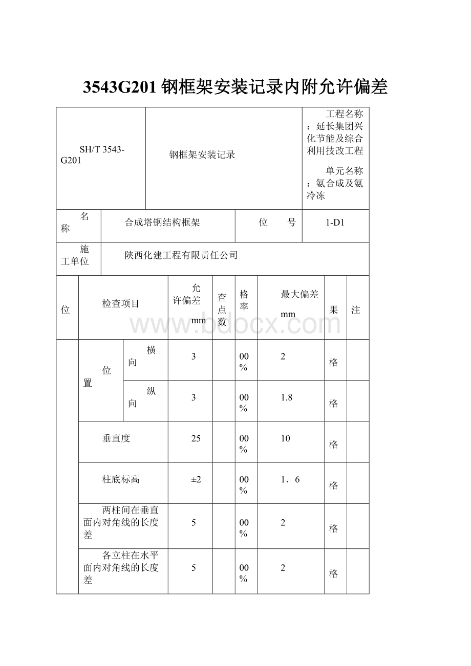 3543G201钢框架安装记录内附允许偏差.docx