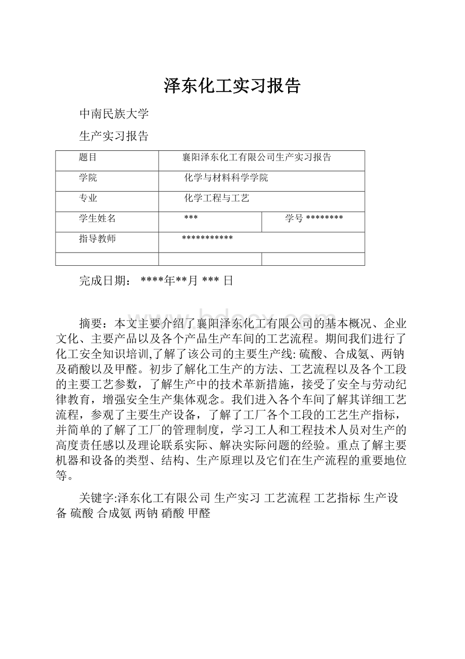 泽东化工实习报告.docx