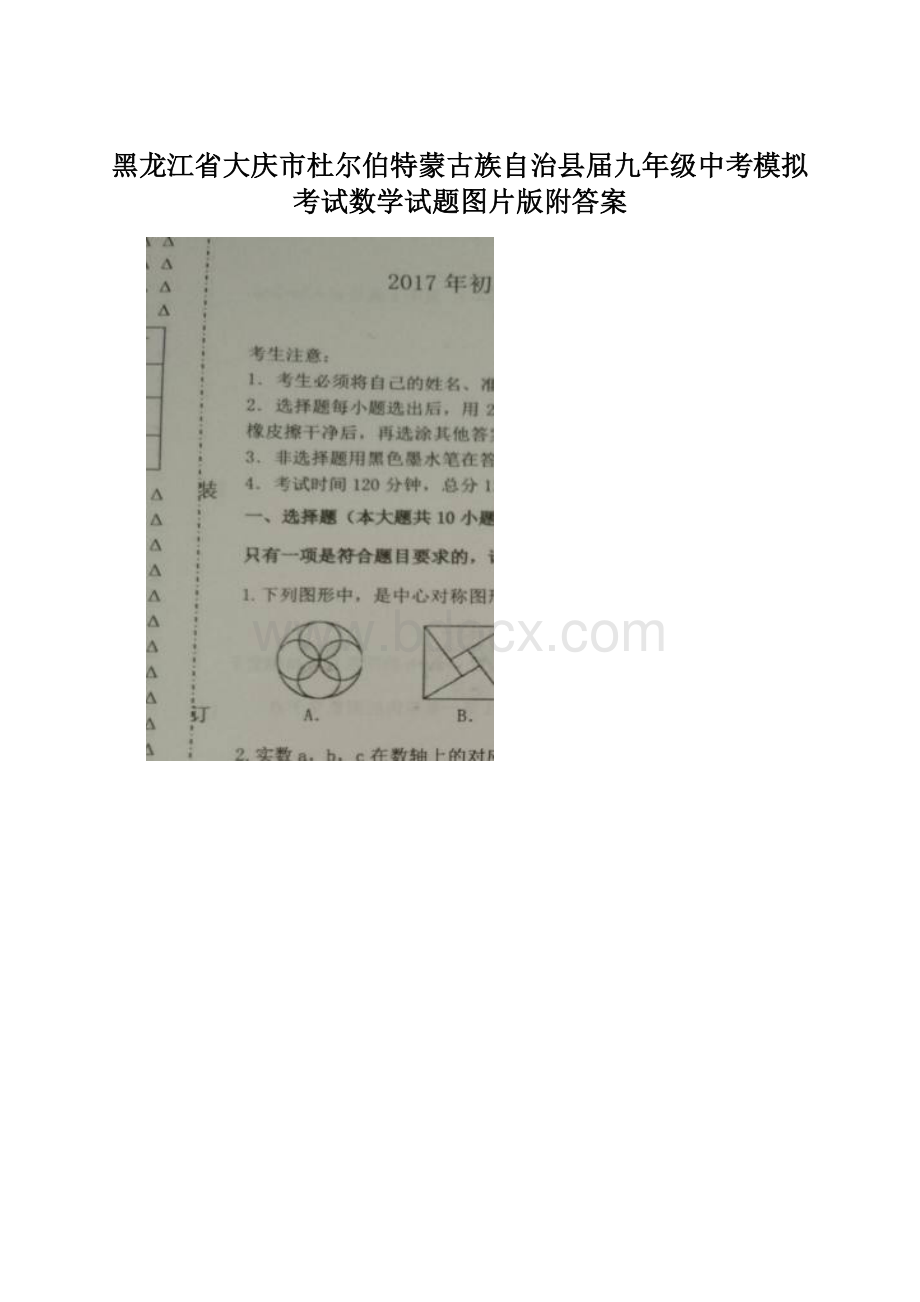 黑龙江省大庆市杜尔伯特蒙古族自治县届九年级中考模拟考试数学试题图片版附答案.docx_第1页