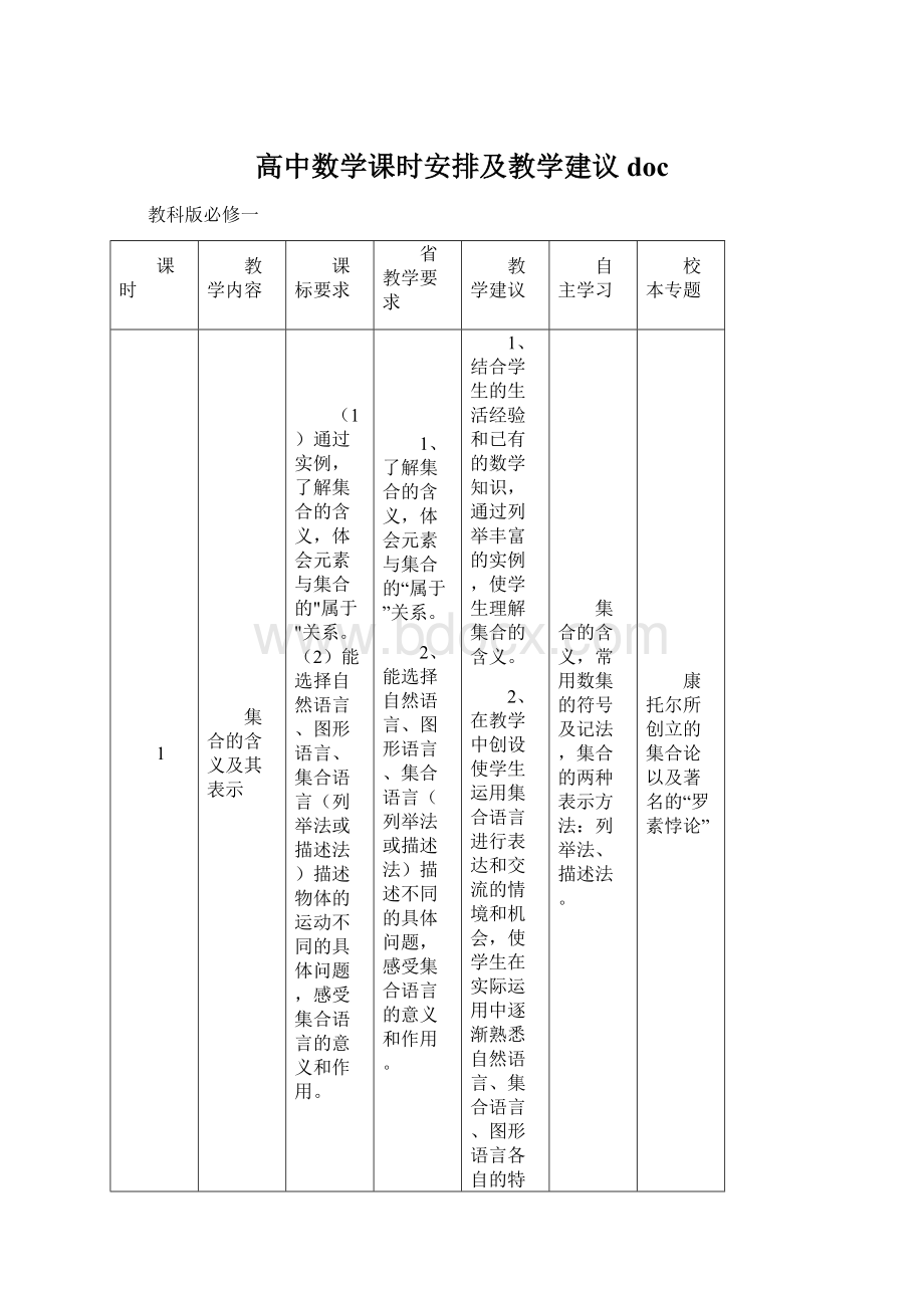 高中数学课时安排及教学建议doc.docx