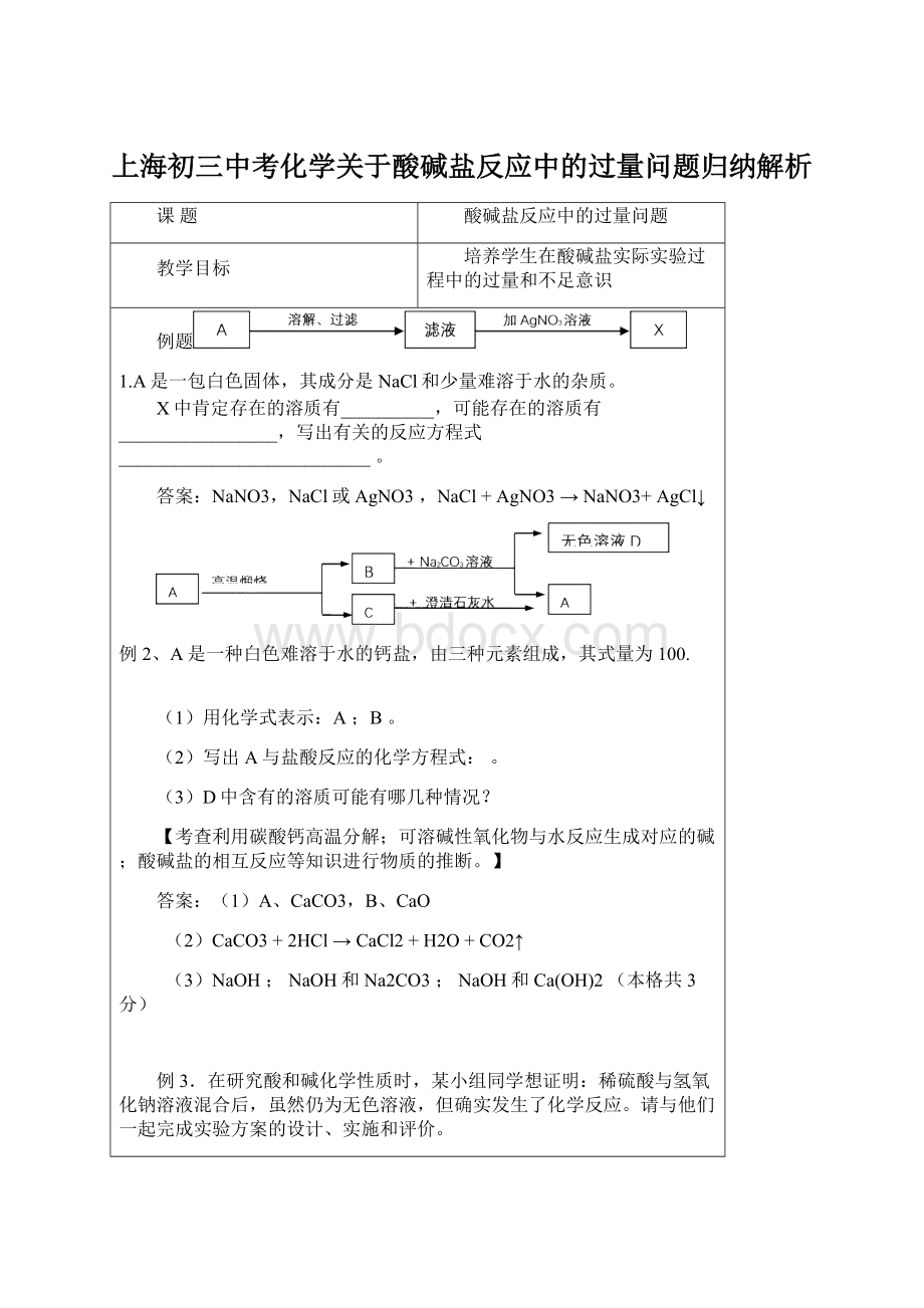 上海初三中考化学关于酸碱盐反应中的过量问题归纳解析.docx