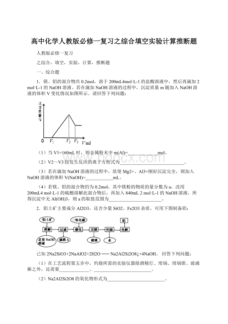 高中化学人教版必修一复习之综合填空实验计算推断题.docx