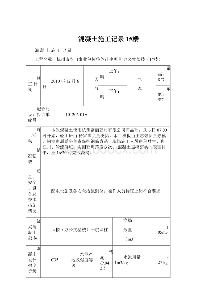 混凝土施工记录1#楼.docx