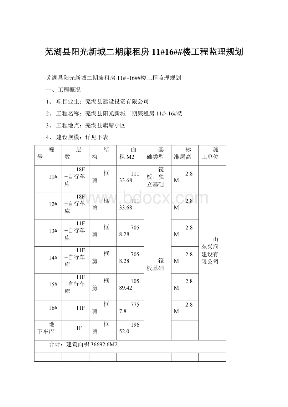 芜湖县阳光新城二期廉租房11#16##楼工程监理规划.docx_第1页