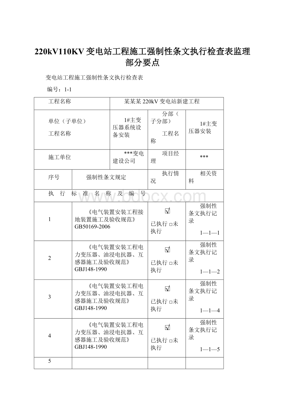 220kV110KV变电站工程施工强制性条文执行检查表监理部分要点.docx