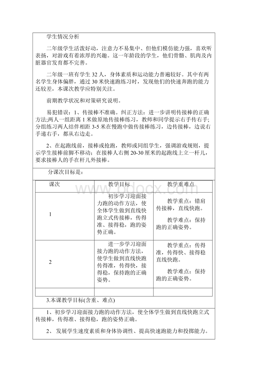 二年级上册体育教案 各种方式接力跑与游戏迎面接力人教版.docx_第2页