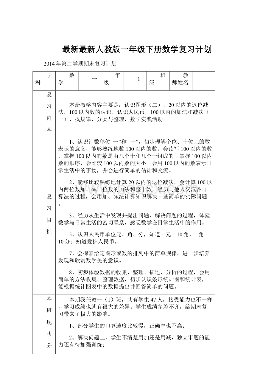 最新最新人教版一年级下册数学复习计划.docx_第1页