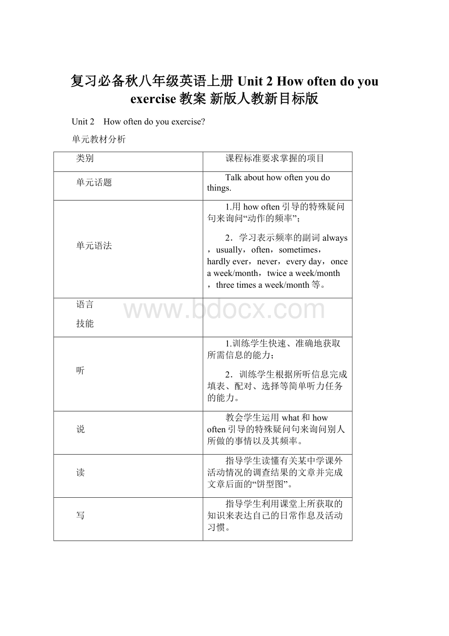 复习必备秋八年级英语上册 Unit 2 How often do you exercise教案 新版人教新目标版.docx_第1页