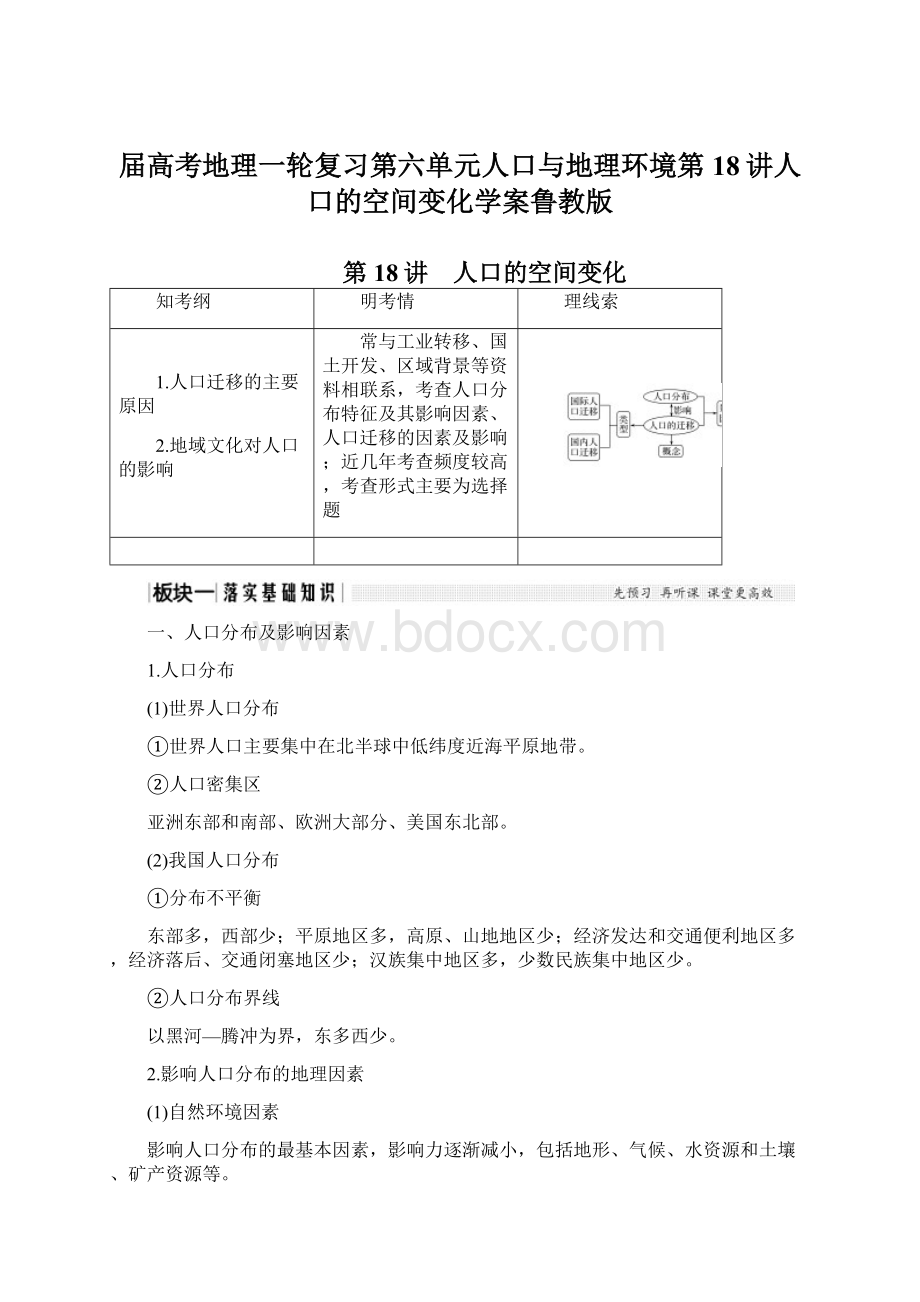 届高考地理一轮复习第六单元人口与地理环境第18讲人口的空间变化学案鲁教版.docx