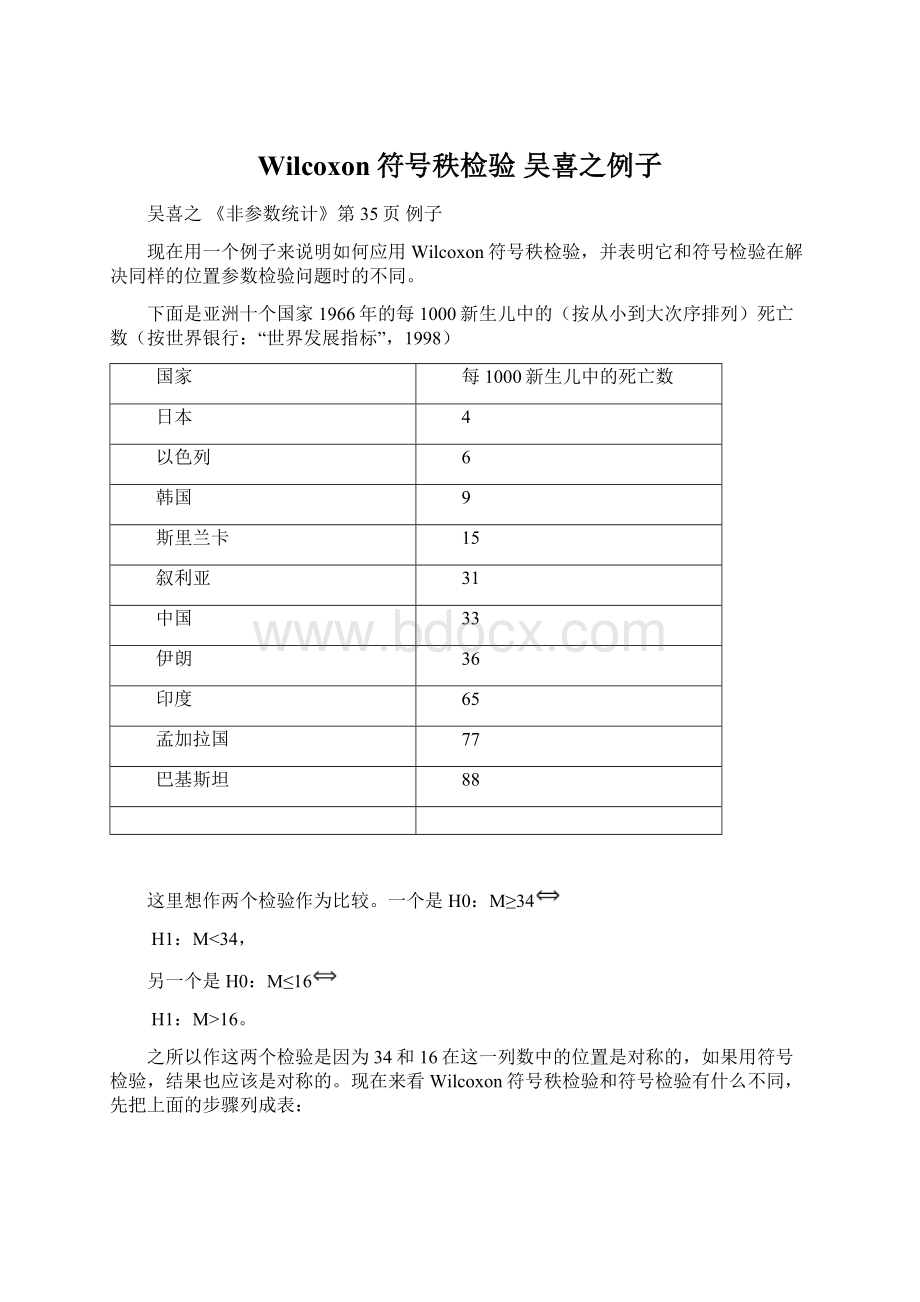 Wilcoxon符号秩检验 吴喜之例子.docx