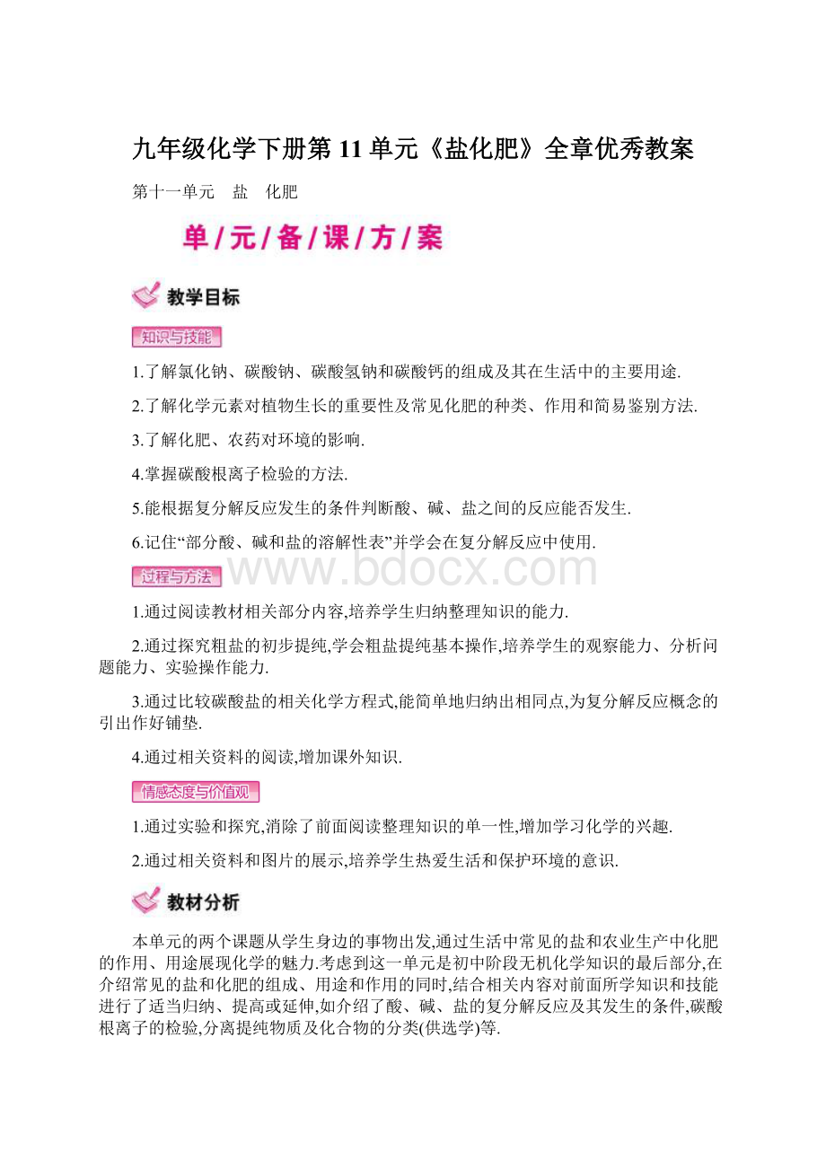 九年级化学下册第11单元《盐化肥》全章优秀教案.docx