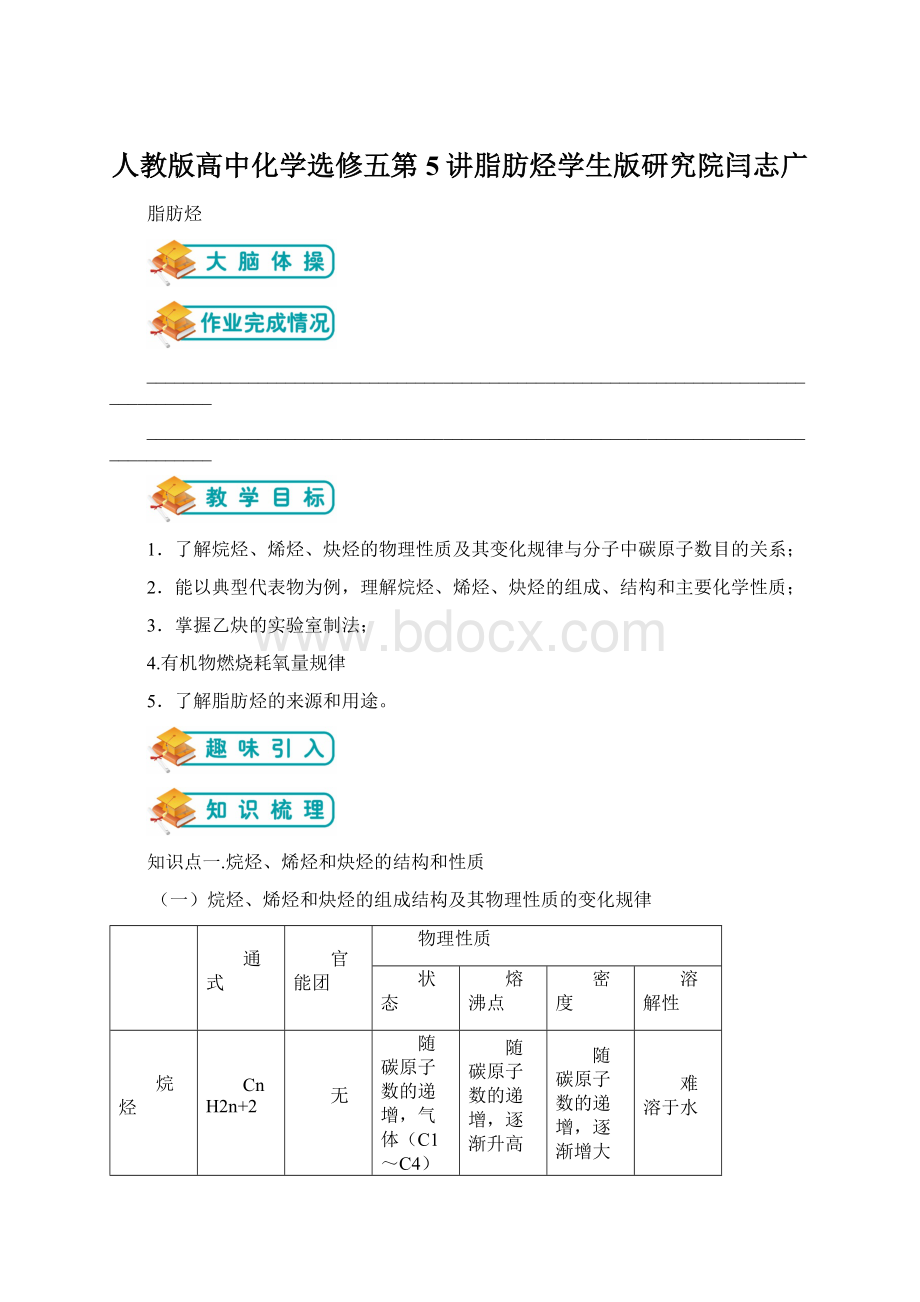 人教版高中化学选修五第5讲脂肪烃学生版研究院闫志广.docx