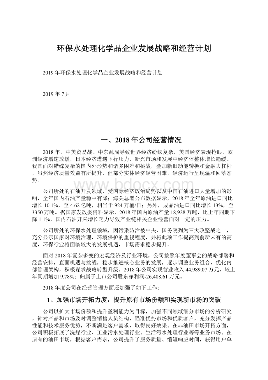 环保水处理化学品企业发展战略和经营计划.docx