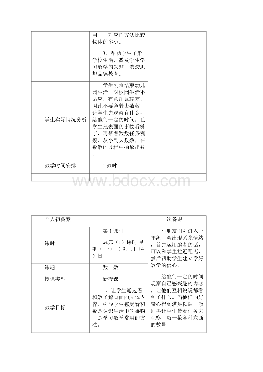 人教版秋一年级数学上册集体备课全套教案.docx_第2页