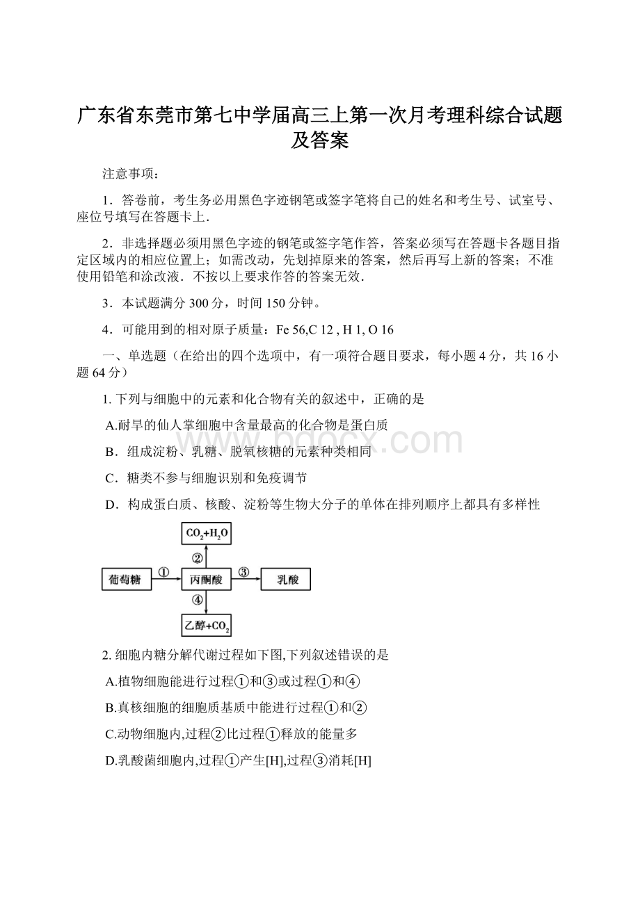 广东省东莞市第七中学届高三上第一次月考理科综合试题及答案.docx_第1页