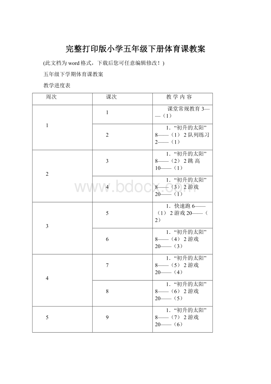 完整打印版小学五年级下册体育课教案.docx_第1页