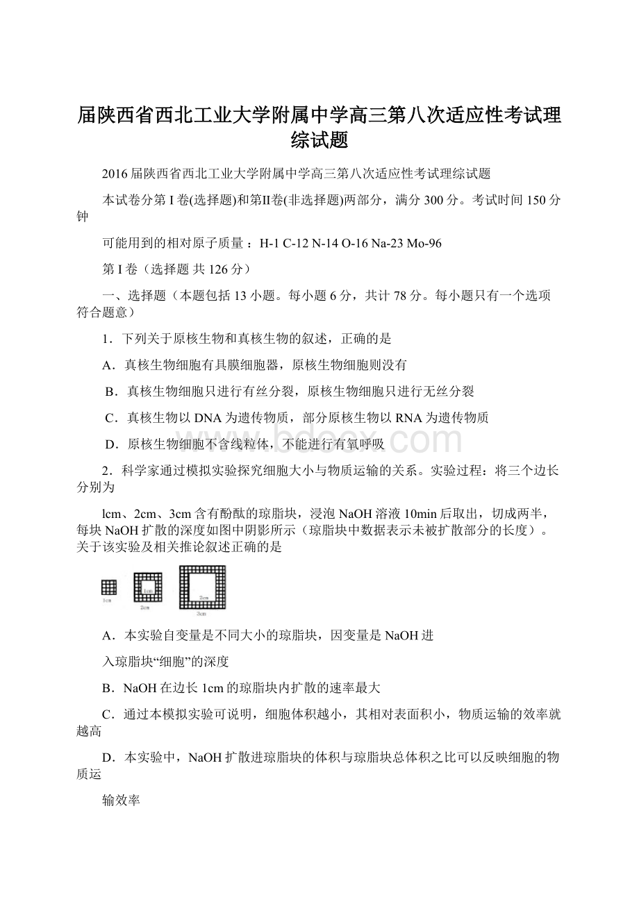 届陕西省西北工业大学附属中学高三第八次适应性考试理综试题.docx_第1页