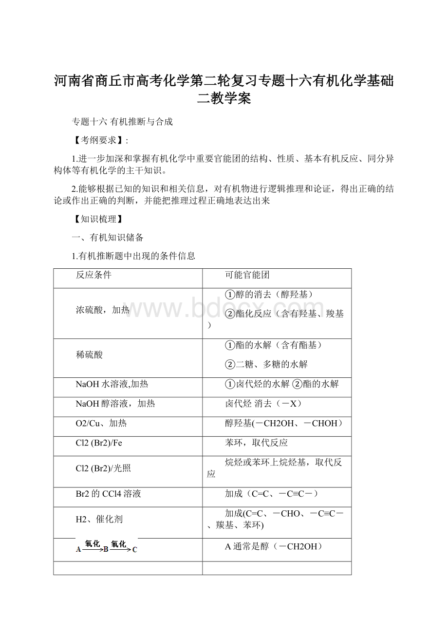 河南省商丘市高考化学第二轮复习专题十六有机化学基础二教学案.docx