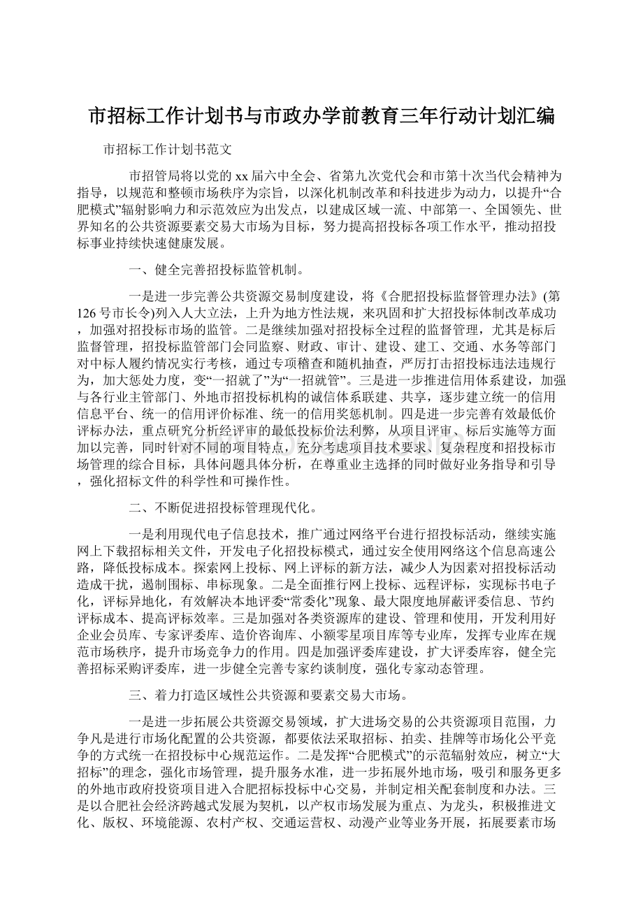 市招标工作计划书与市政办学前教育三年行动计划汇编.docx_第1页