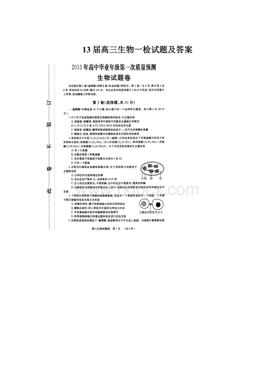 13届高三生物一检试题及答案.docx_第1页