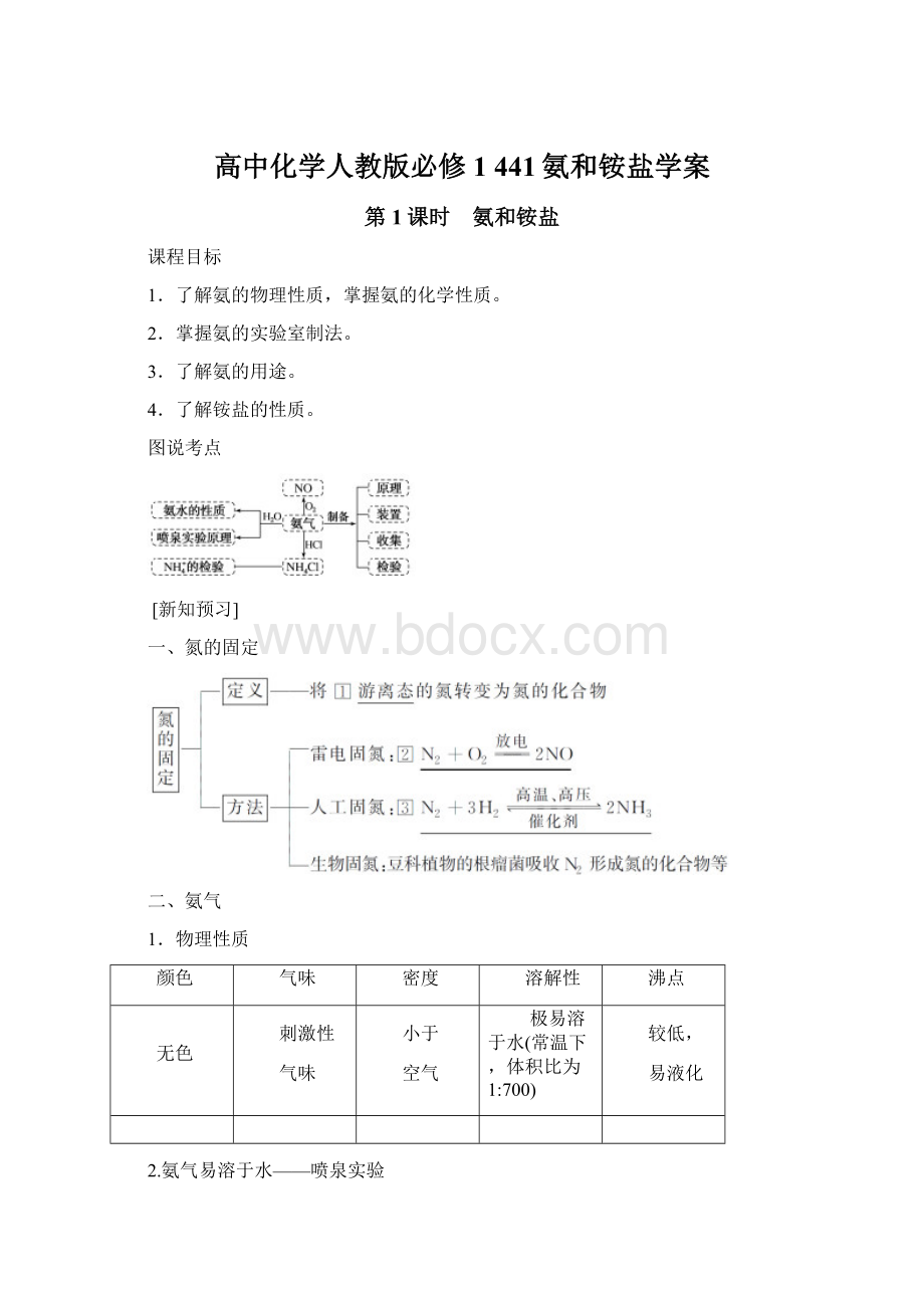 高中化学人教版必修1 441氨和铵盐学案.docx