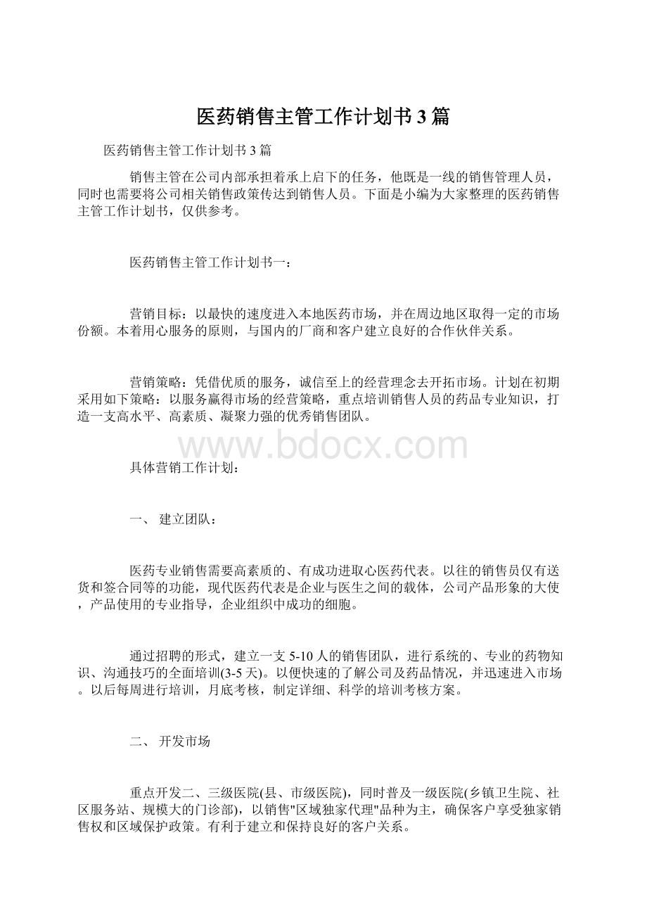 医药销售主管工作计划书3篇.docx