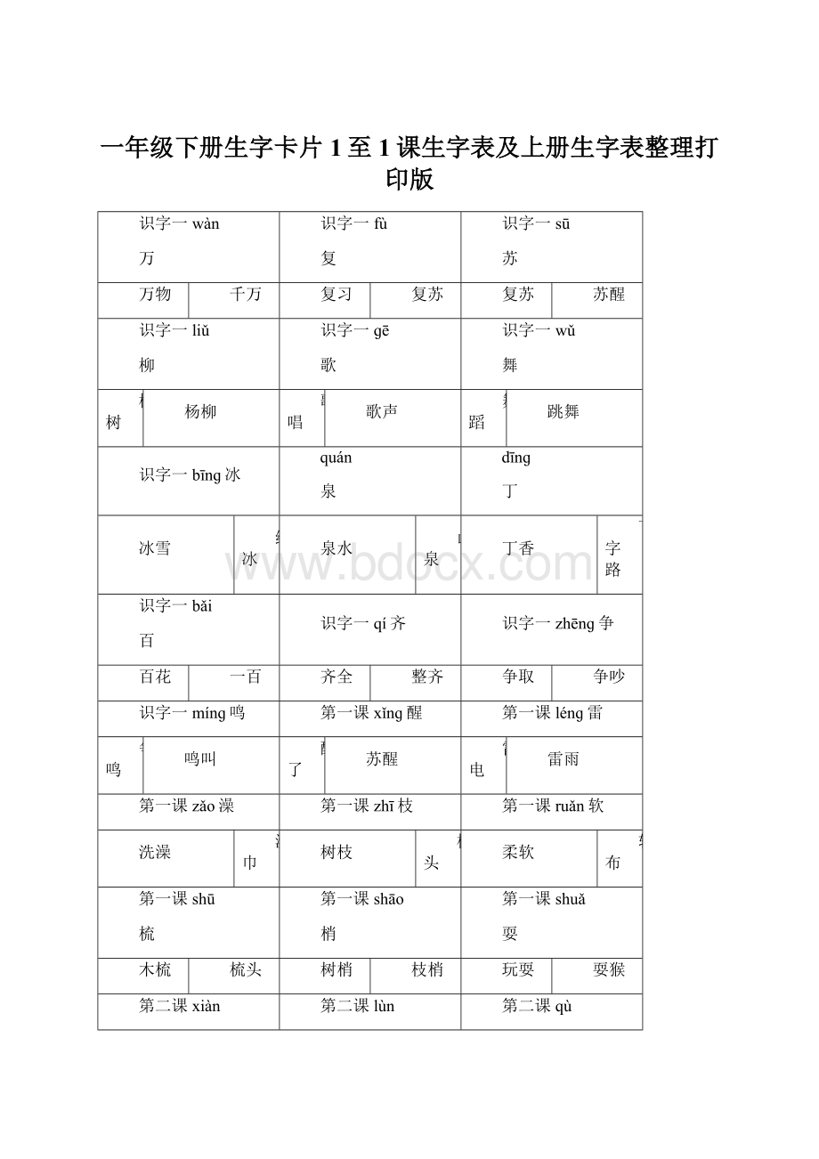 一年级下册生字卡片1至1课生字表及上册生字表整理打印版.docx