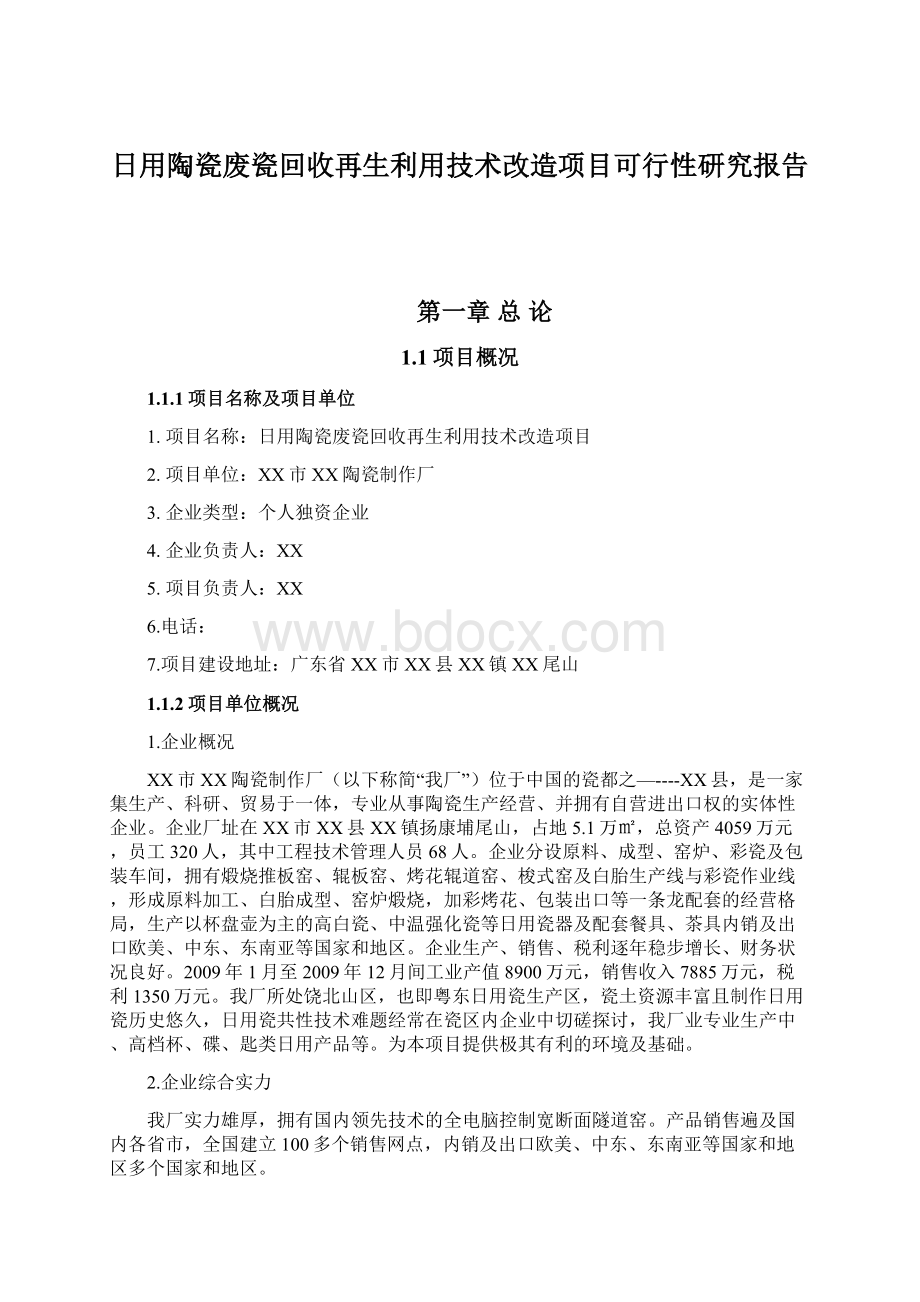 日用陶瓷废瓷回收再生利用技术改造项目可行性研究报告.docx_第1页