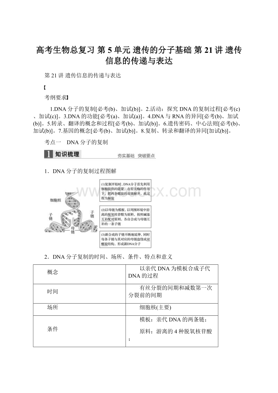 高考生物总复习 第5单元 遗传的分子基础 第21讲 遗传信息的传递与表达.docx_第1页