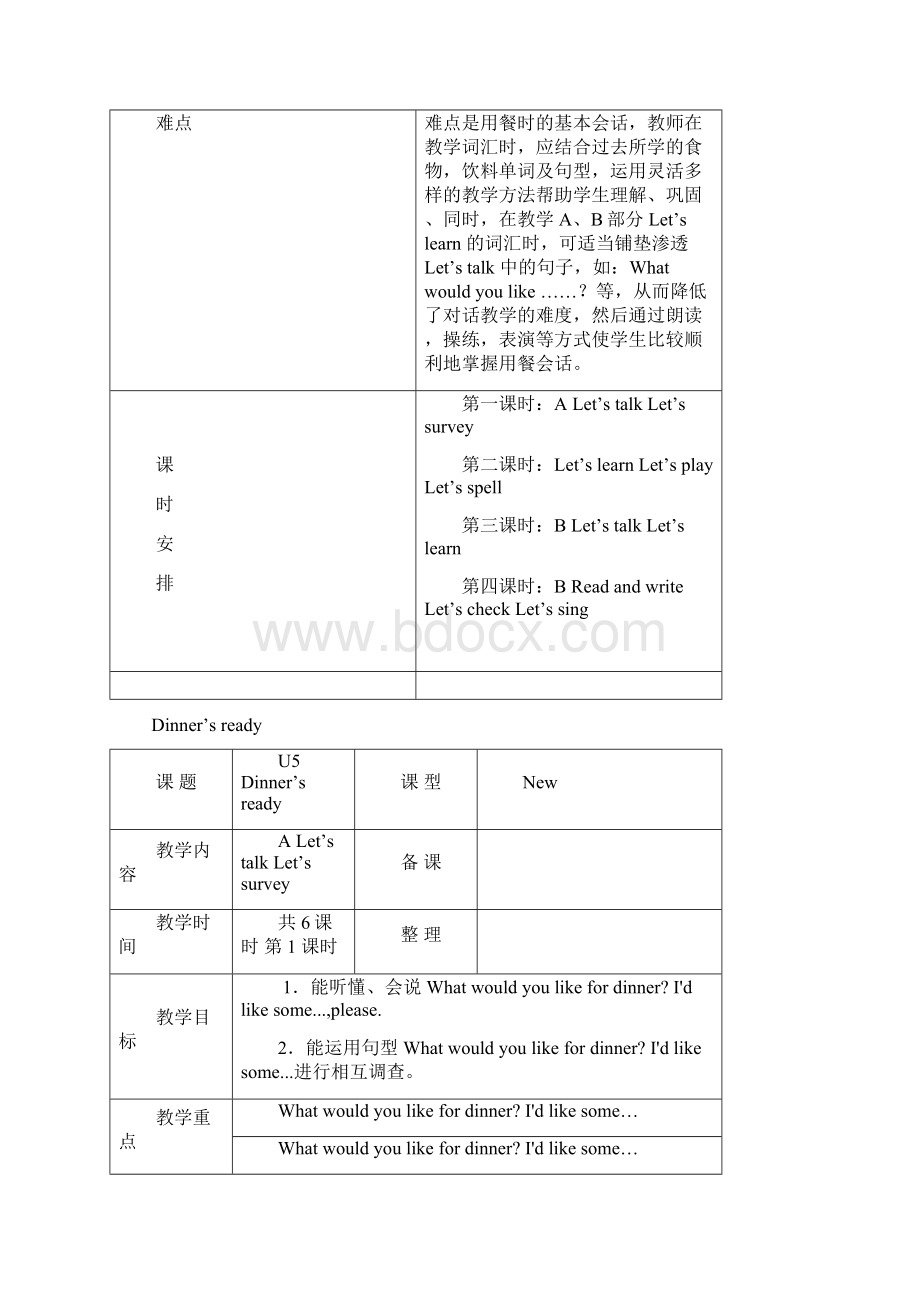 秋四年级英语上册 Unit5 Dinner is ready教学设计 新版人教PEP.docx_第2页