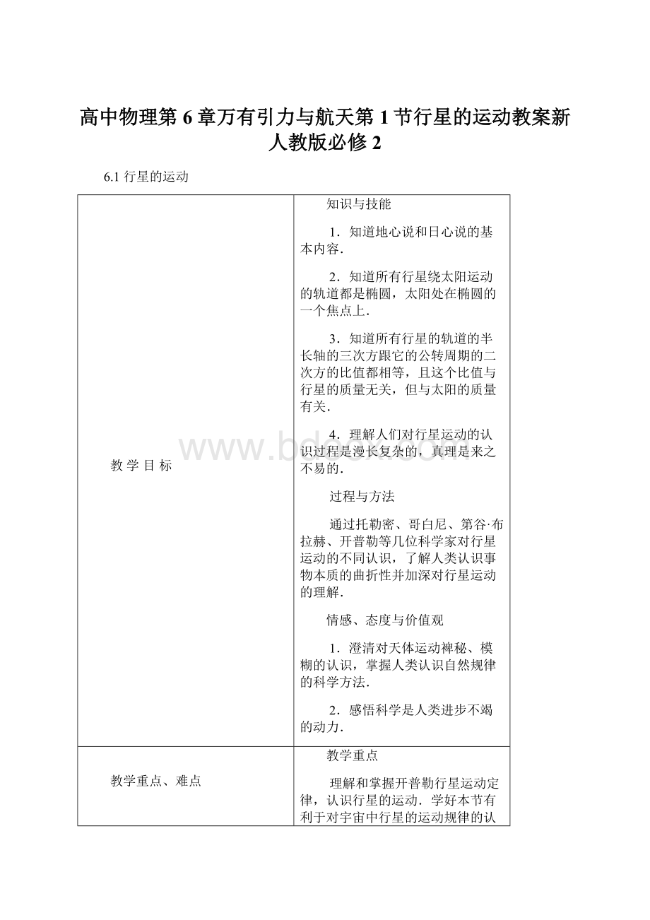 高中物理第6章万有引力与航天第1节行星的运动教案新人教版必修2.docx_第1页