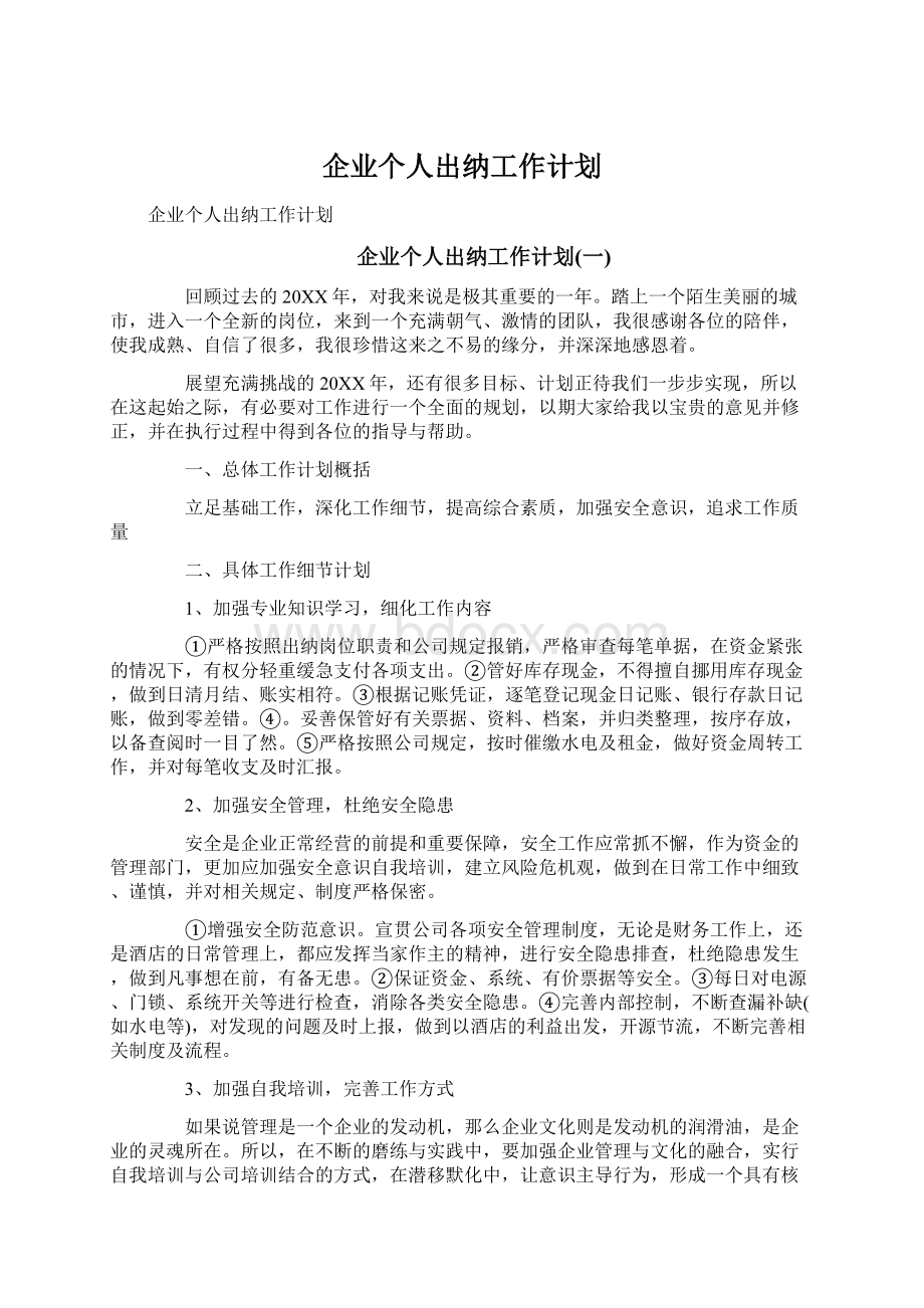 企业个人出纳工作计划.docx_第1页