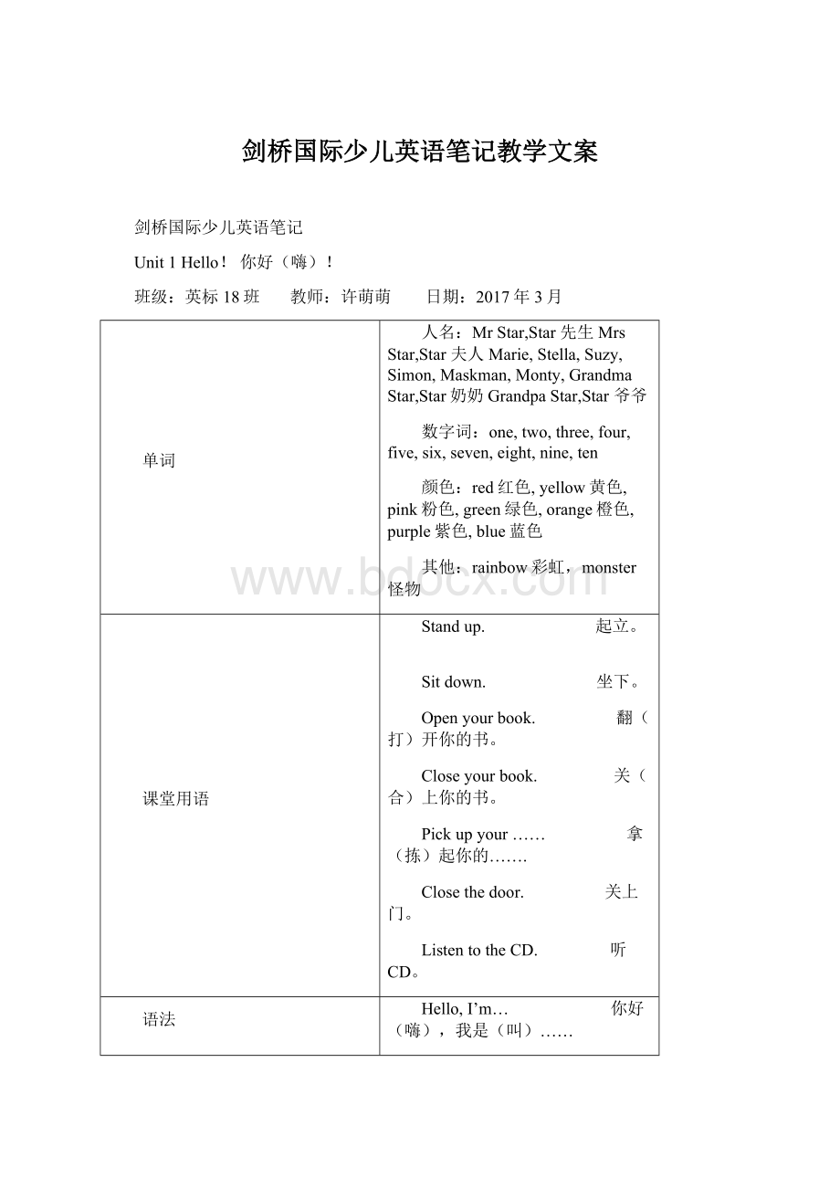 剑桥国际少儿英语笔记教学文案.docx