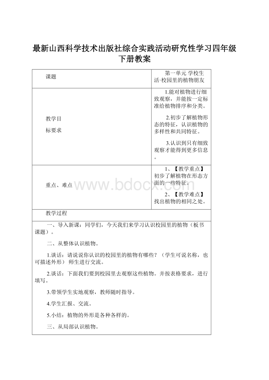 最新山西科学技术出版社综合实践活动研究性学习四年级下册教案.docx_第1页