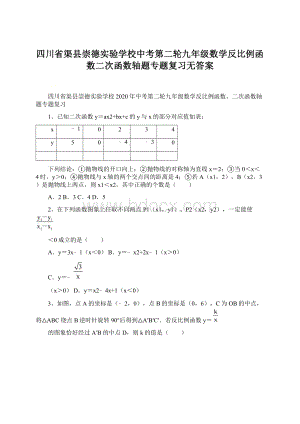 四川省渠县崇德实验学校中考第二轮九年级数学反比例函数二次函数轴题专题复习无答案.docx