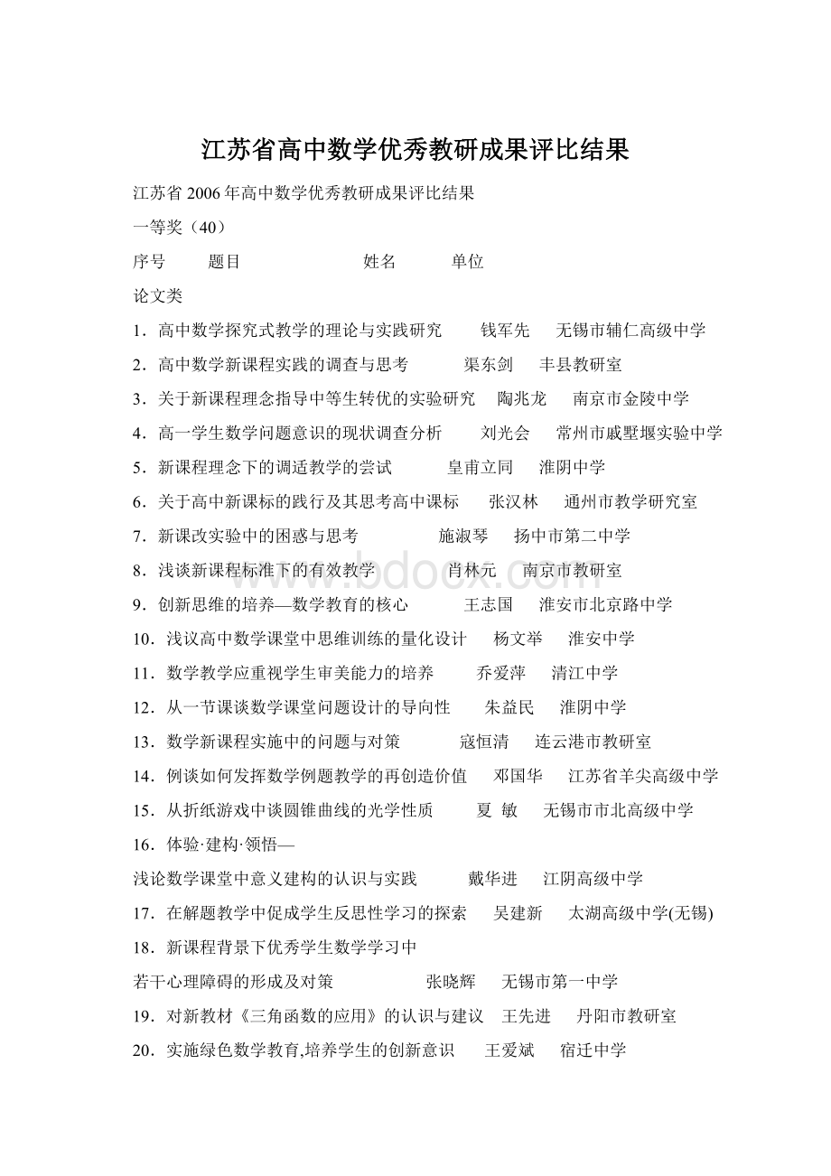 江苏省高中数学优秀教研成果评比结果.docx_第1页