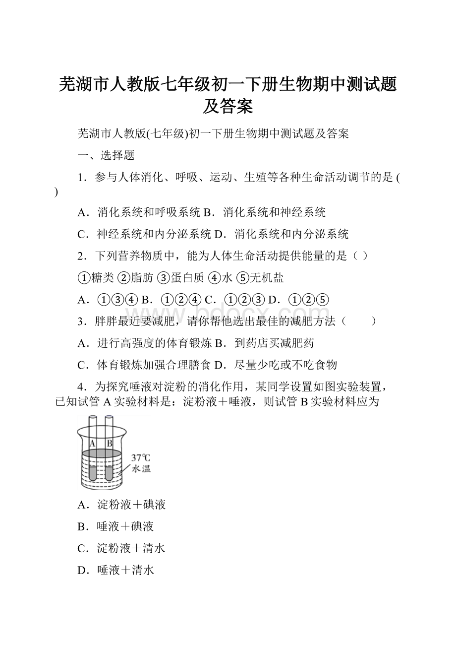 芜湖市人教版七年级初一下册生物期中测试题及答案.docx