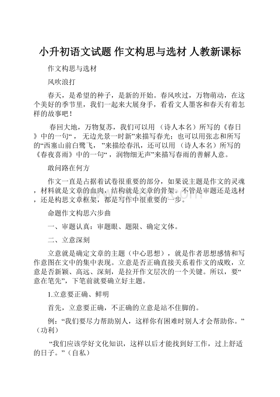 小升初语文试题 作文构思与选材 人教新课标.docx