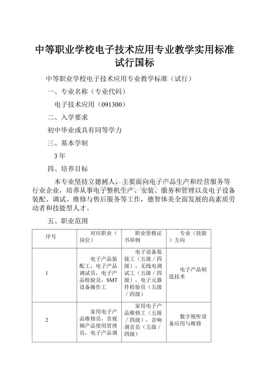 中等职业学校电子技术应用专业教学实用标准试行国标.docx_第1页