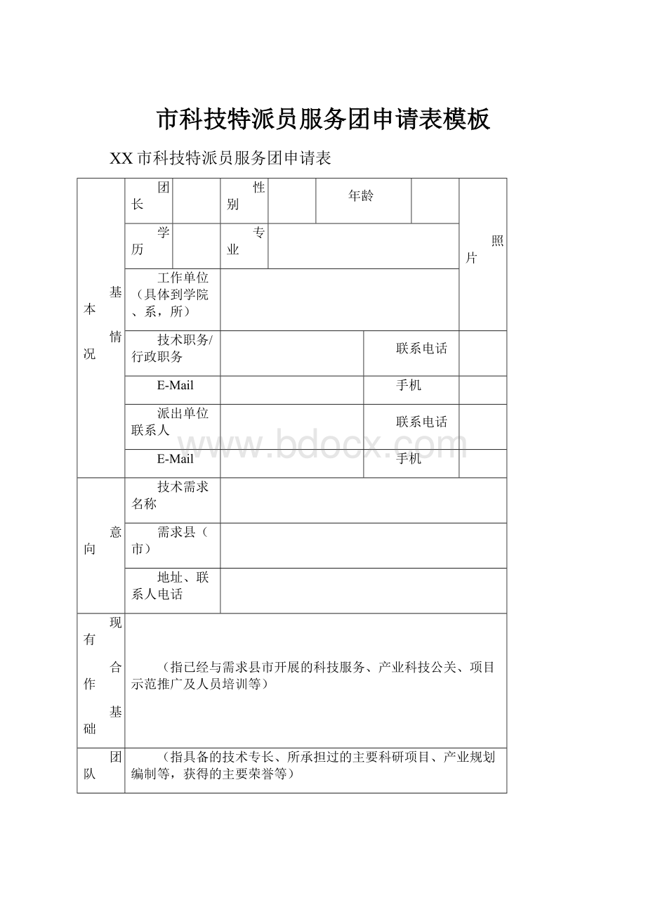 市科技特派员服务团申请表模板.docx