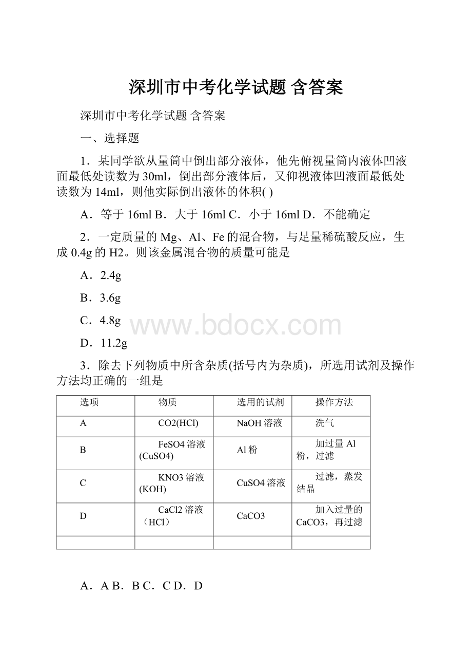 深圳市中考化学试题 含答案.docx_第1页