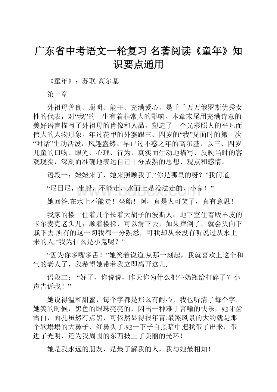 广东省中考语文一轮复习 名著阅读《童年》知识要点通用.docx