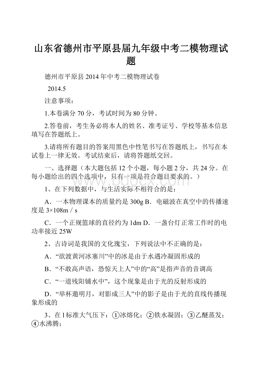 山东省德州市平原县届九年级中考二模物理试题.docx_第1页