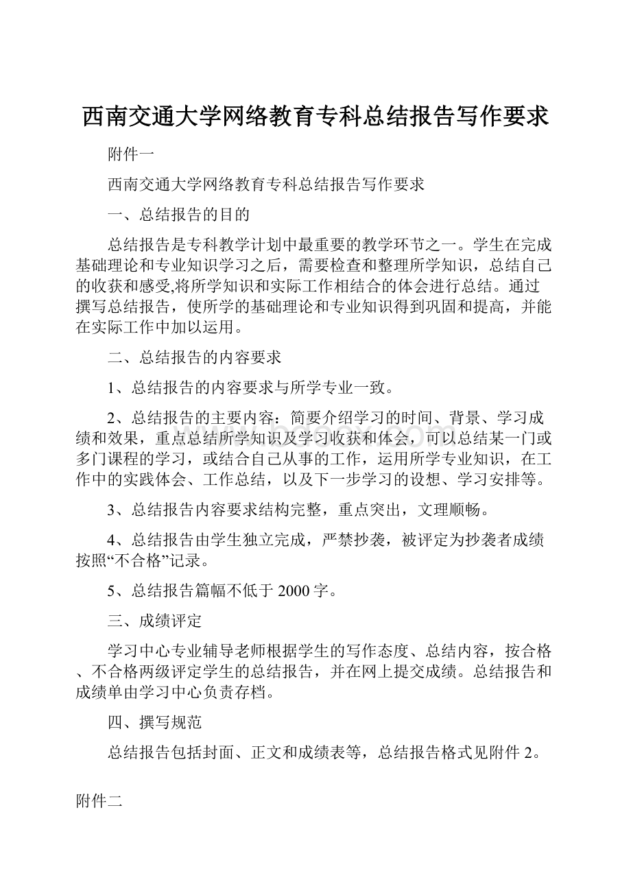 西南交通大学网络教育专科总结报告写作要求.docx_第1页