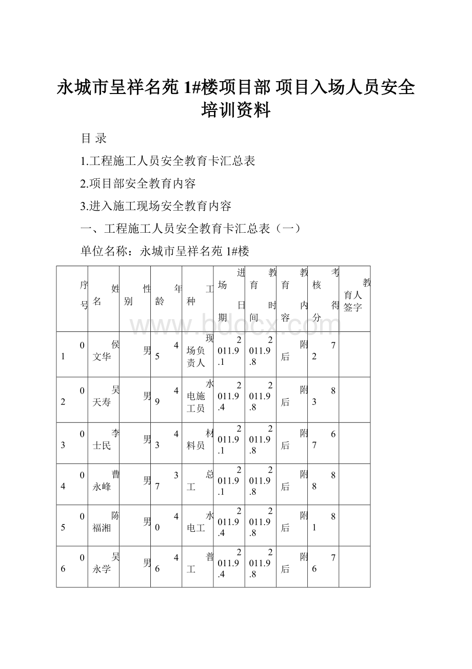 永城市呈祥名苑1#楼项目部项目入场人员安全培训资料.docx